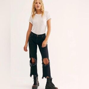 WE THE FREE People Maggie Distressed Straight Leg Crop Jeans Black Gray Wash 27